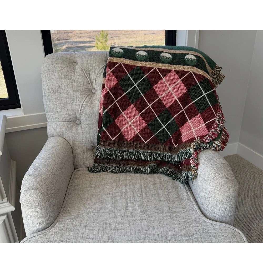 Vintage Golf Woven Cotton Tapestry Throw Blanket Argyle Fringe Made in USA 50x72